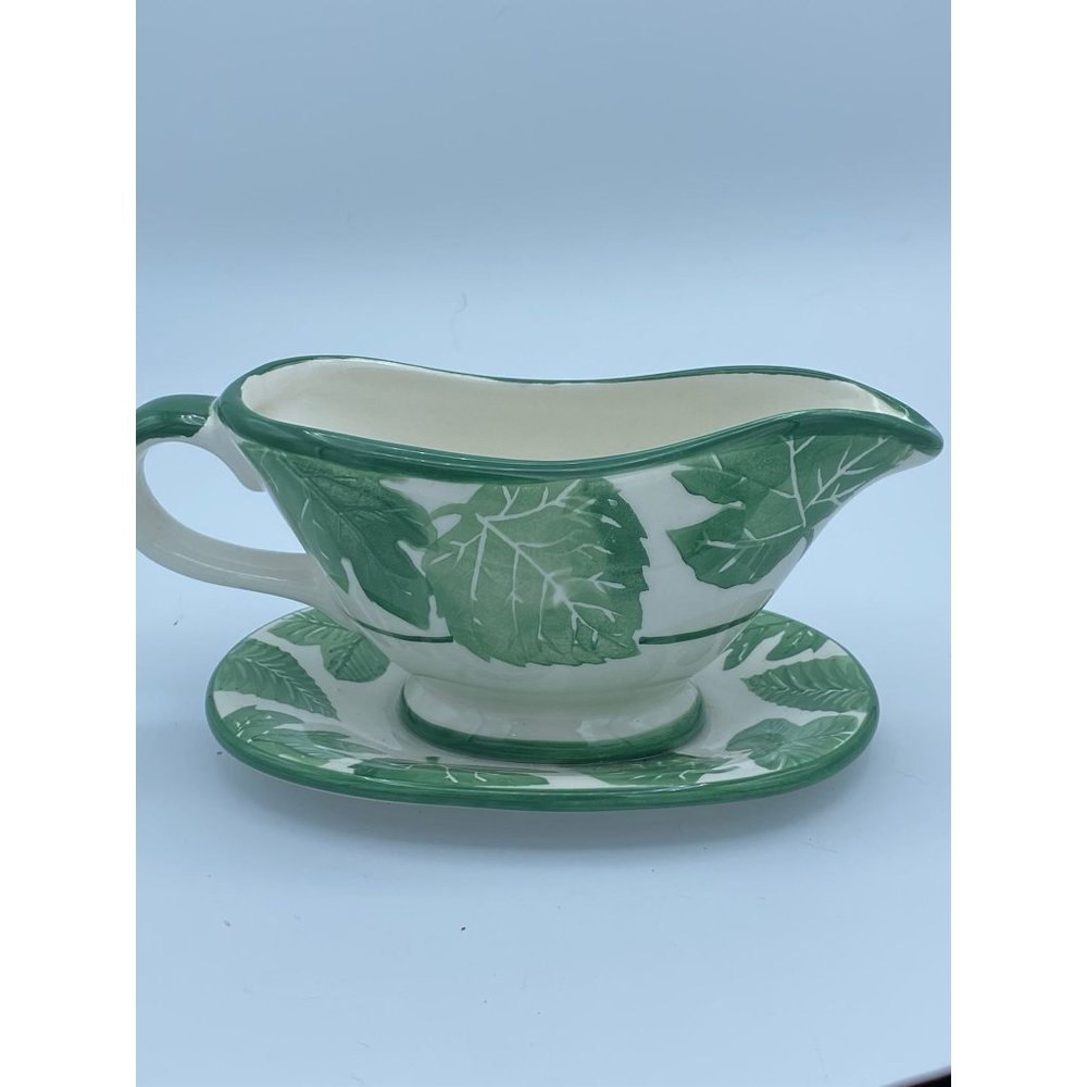 Ivy Leaves Ceramic Gravy Boat with Attached Underplate Holds 12 ounces/